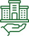 Green icon of an outstretched hand holding a building with columns and multiple windows.