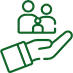 Icon of an open hand holding a family symbol with two adults and one child, depicted in green lines.