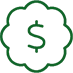 Green outline of a badge with a dollar sign in the center on a black background.